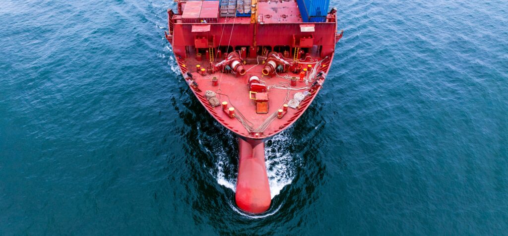 Aerial in front view of bow large cargo container ship, nose of - ship repairs Sweden - Scandinavia