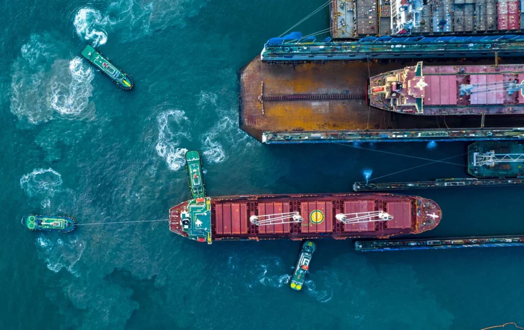 towing ship from port after repairing scrubber system - ships building Sweden